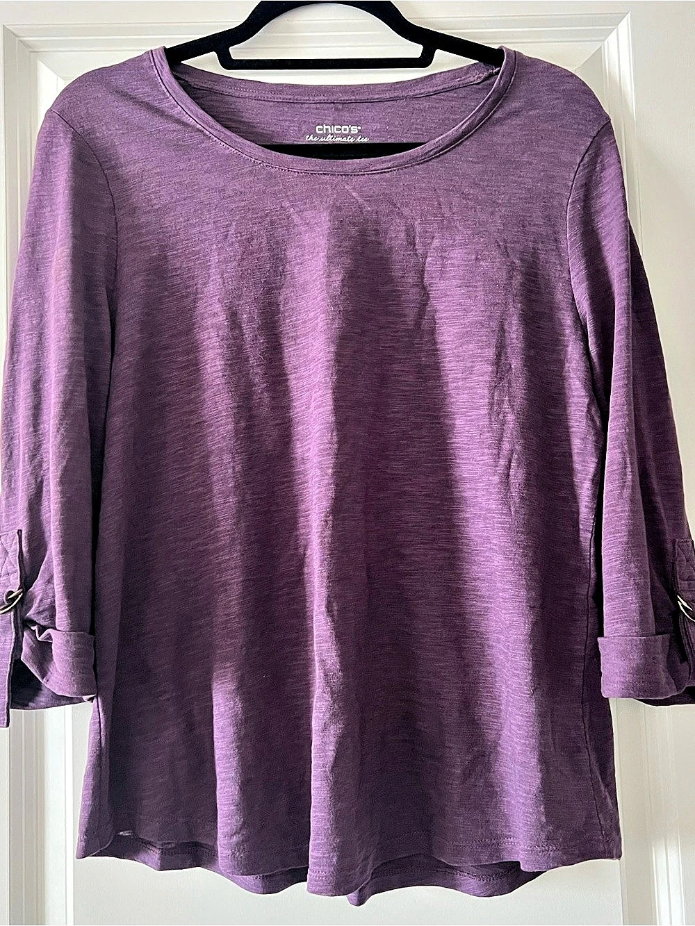 Chico's The Ultimate Tee Roll Tab Sleeve Top Purple
